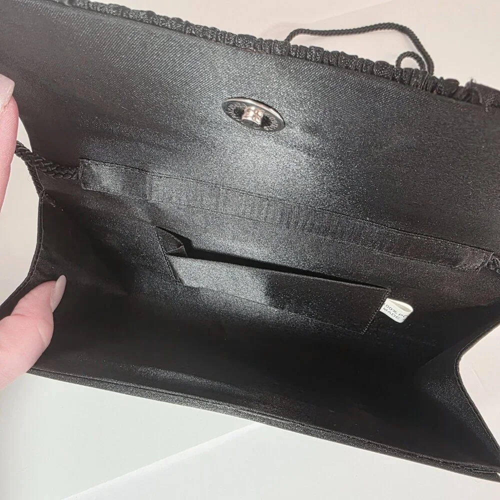 Black Satin Beaded Clutch Evening Bag Crossbody Formal - Picture 6 of 12